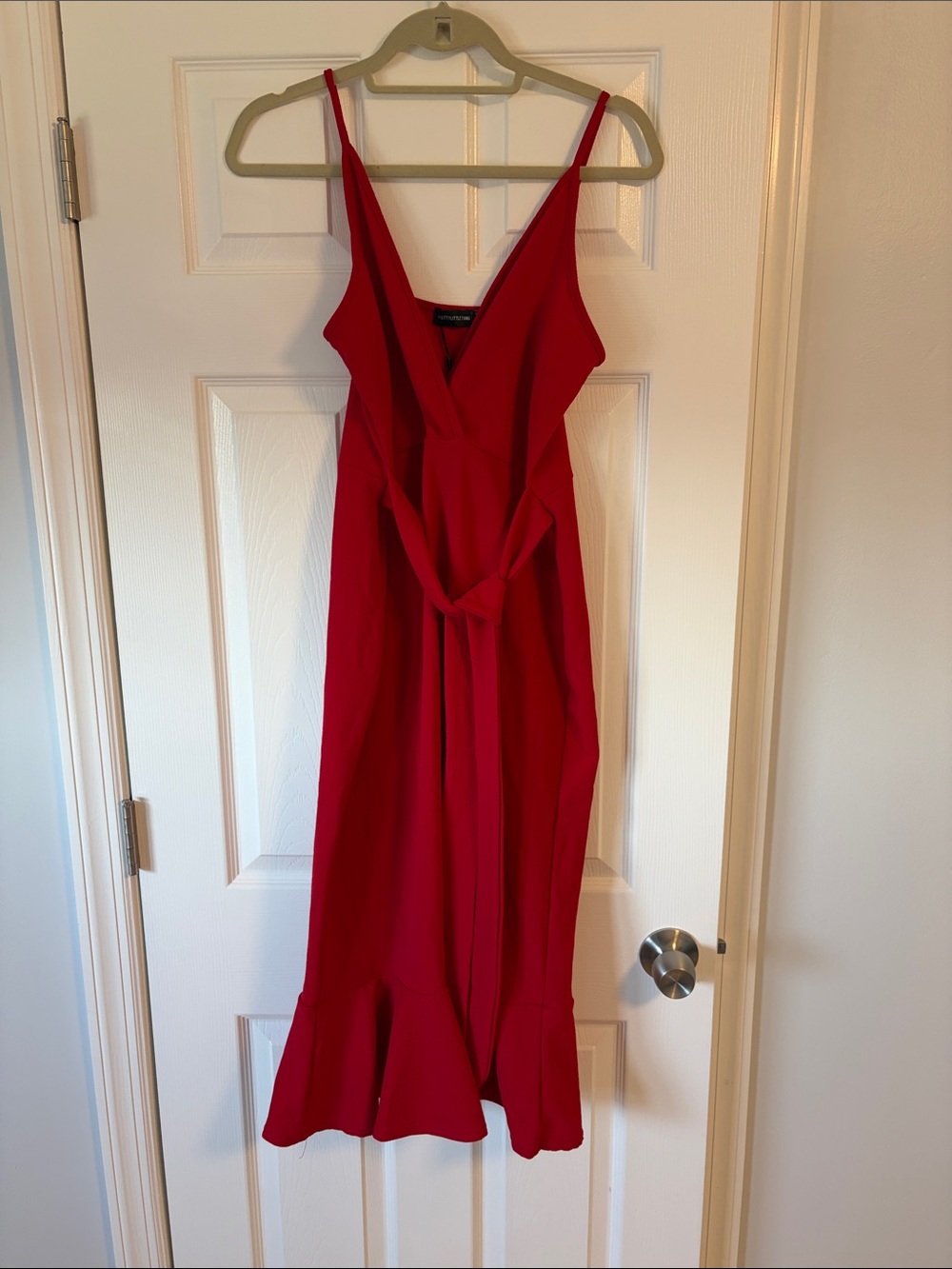 PrettyLittleThing Red V-Neck Tie-Waist Ruffle Hem Midi Dress
